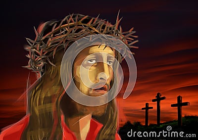 Digital illustration of Jesus Christâ€™s face, on reddish sunset Cartoon Illustration